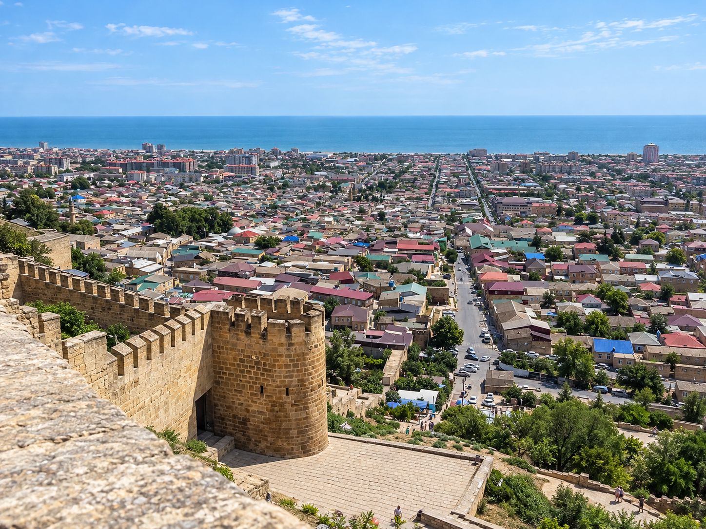 Вид с цитадели Нарын-Кала на старый город и Каспийское море