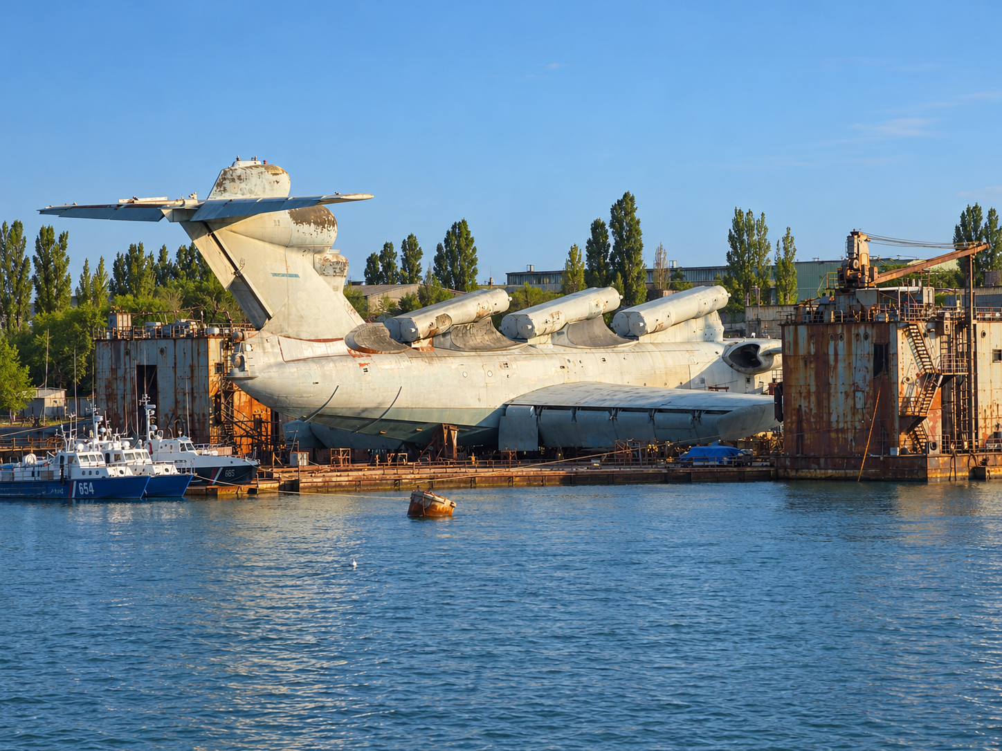 Экраноплан «Лунь» у заводской стенки в Каспийске в 2010 году